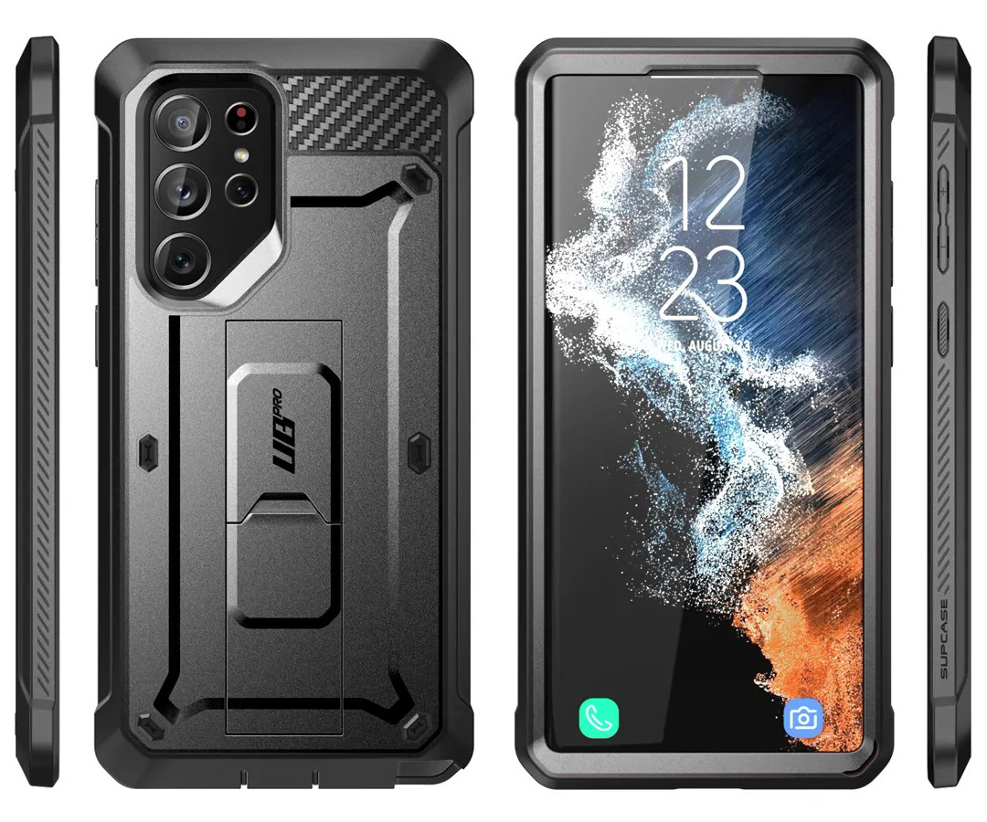 Etui pancerne z osłoną na ekran, z wbudowaną podstawką i kaburą z klipsem obrotowym Supcase Unicorn Beetle Pro do Galaxy S22 Ultra